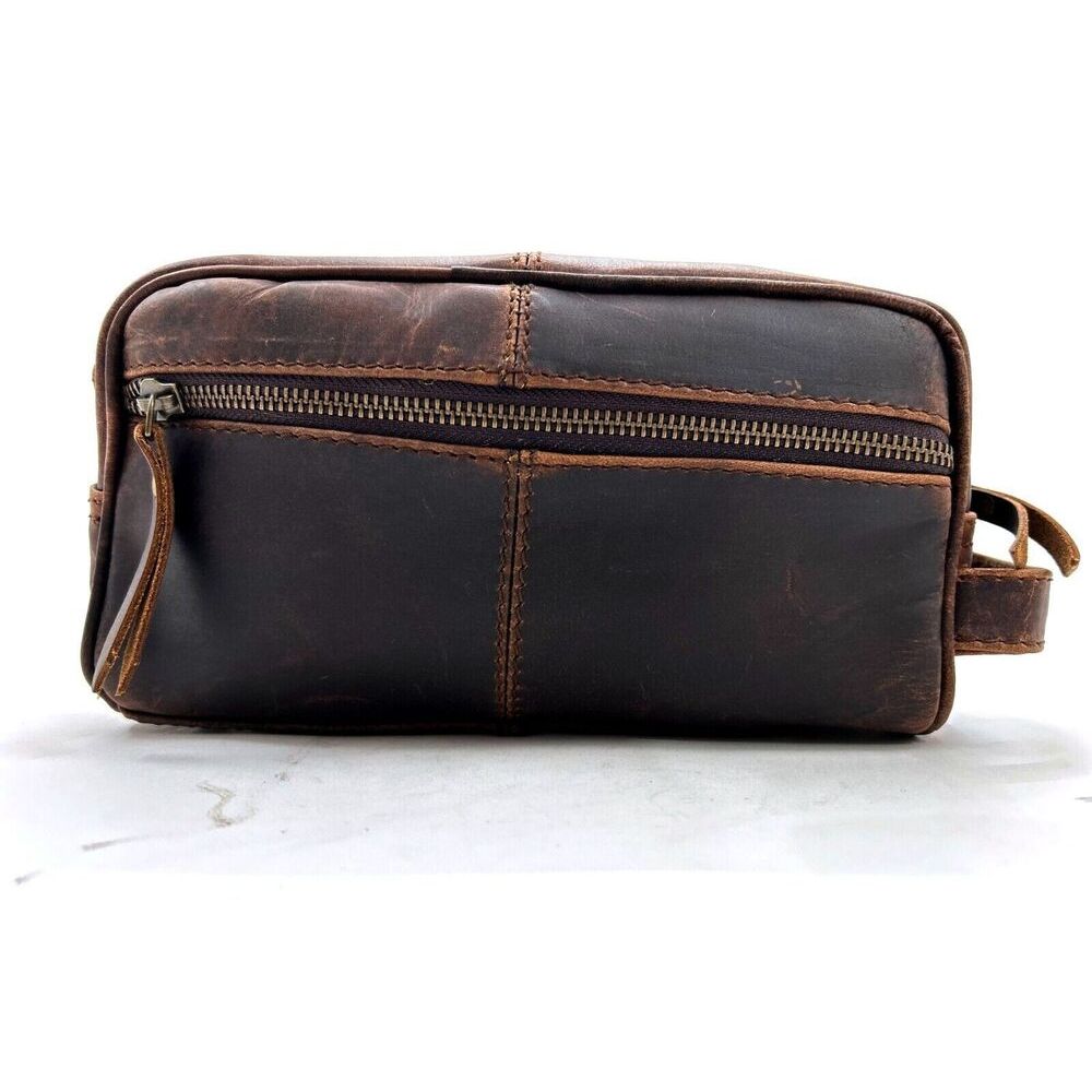 Genuine Buffalo Leather Toiletry Bag Travel Dopp Kit Shaving Case for Men Women