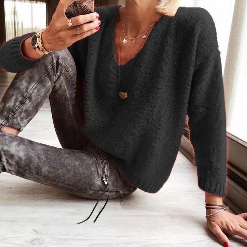 Damen Übergroßer V-Ausschnitt Drop Shoulder Pullover Lockerer Freizeit Strickpullover Mode