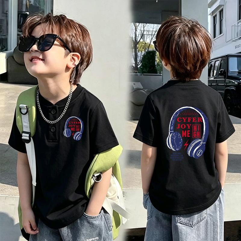 Korean Style Boys' Short-Sleeve Henley Collar T-Shirt, Loose Pure Cotton, Summer New Arrival Trendy Base Layer for Middle and Older Children