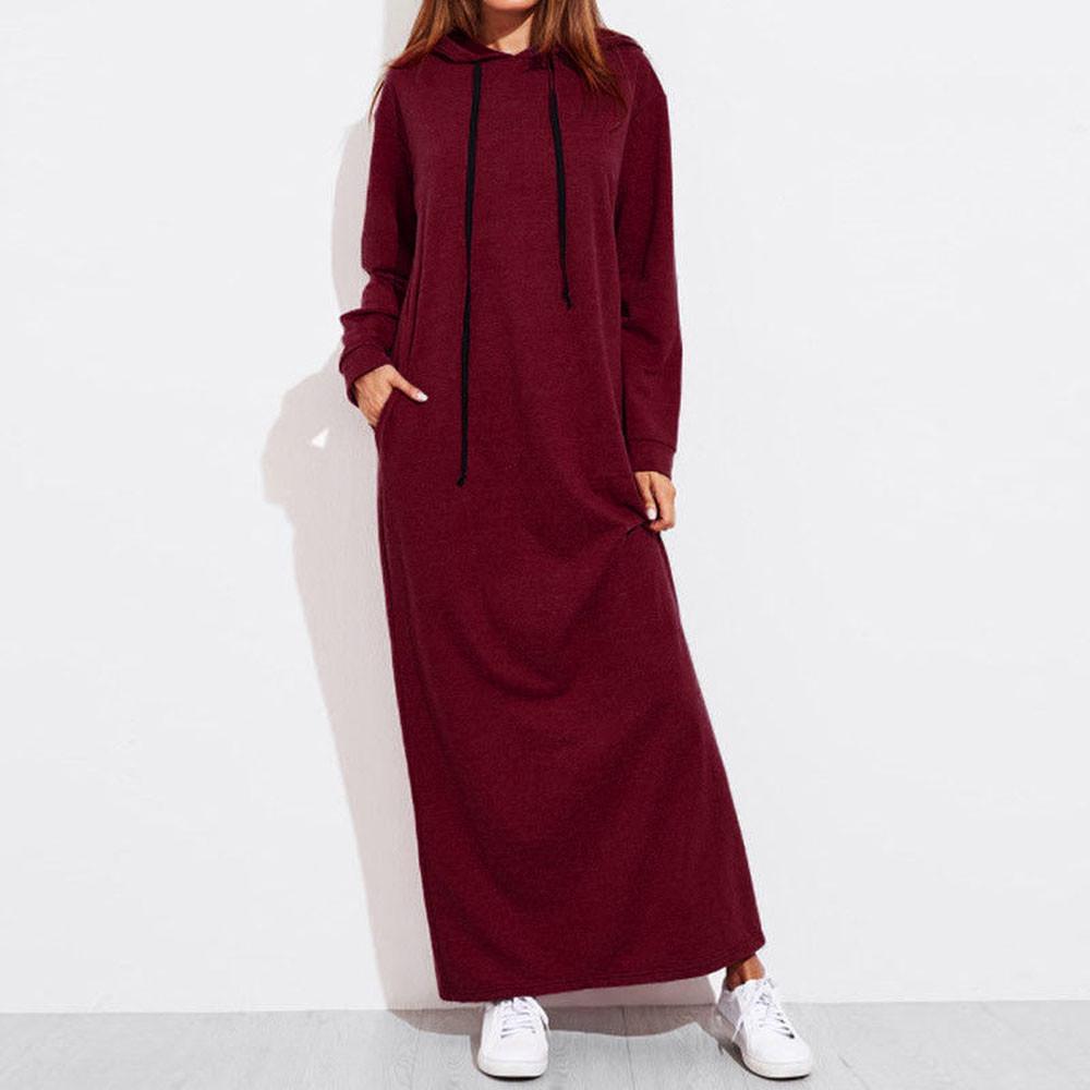 Women Maxi Dress Long Sleeve Hooded Ladies Casual Hoodies Long Dresses