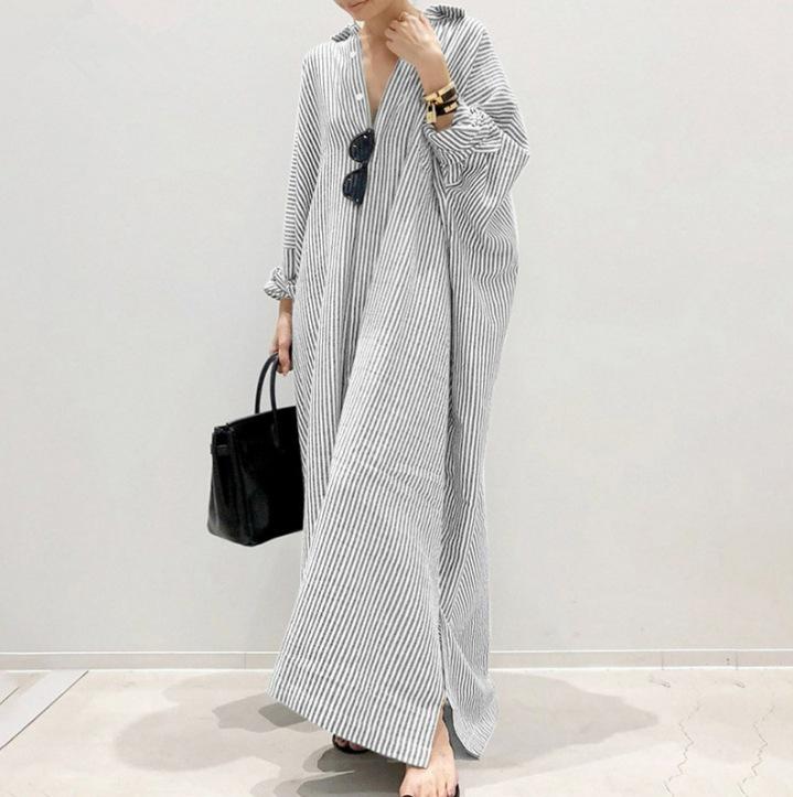 European & American Women's Plus Size Loose Striped Print Long Dress