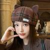 Hat Women's New Style Retro Plaid Cute Cat Ears Beret Japanese Style Autumn and Winter Face Showing Little Painter Hat Trend