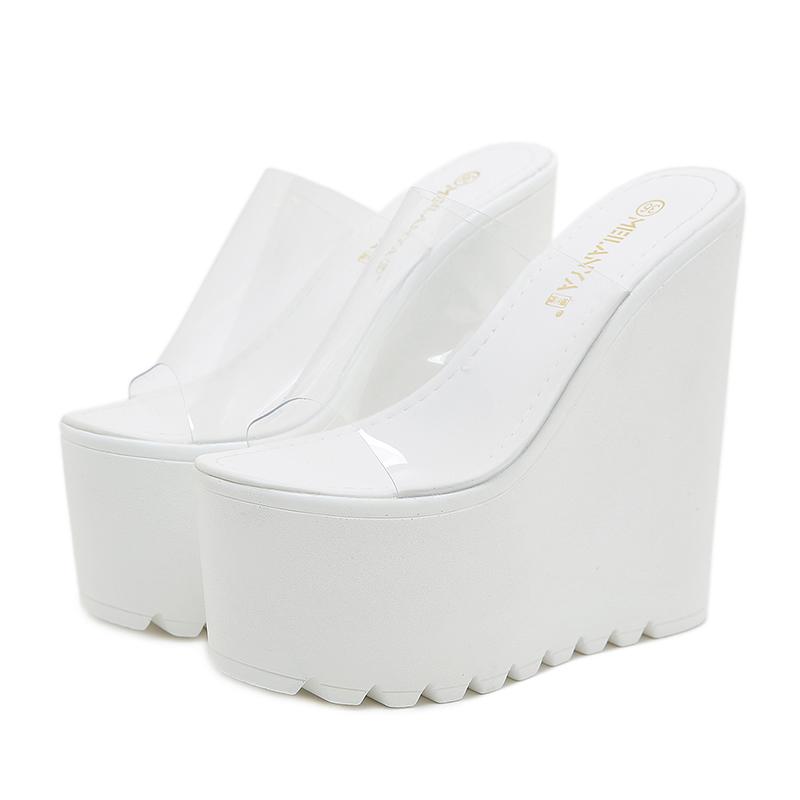 Fashion 16CM Summer Concise Clear Transparent Peep Toe Platform Wedges Slippers Sandals Women Fashion High Heels Runway Shoes