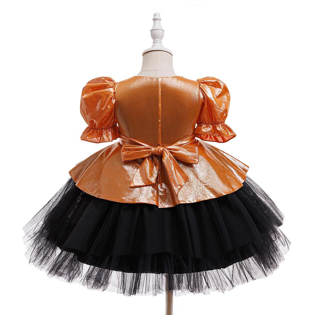 Girls' Halloween Witch Party Dress with Orange Patchwork Mesh Puff Skirt and Short Sleeves