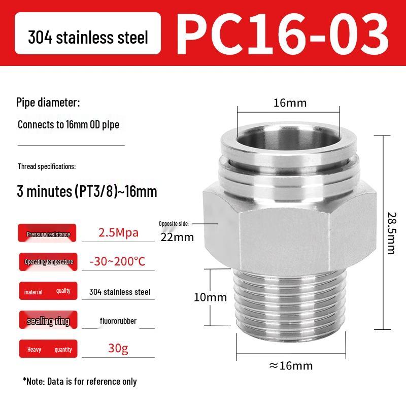 304 Stainless Steel Pneumatic Quick Push-in Connector, PC16-06/PC8-02 Swivel Elbow, PL6-M5/04