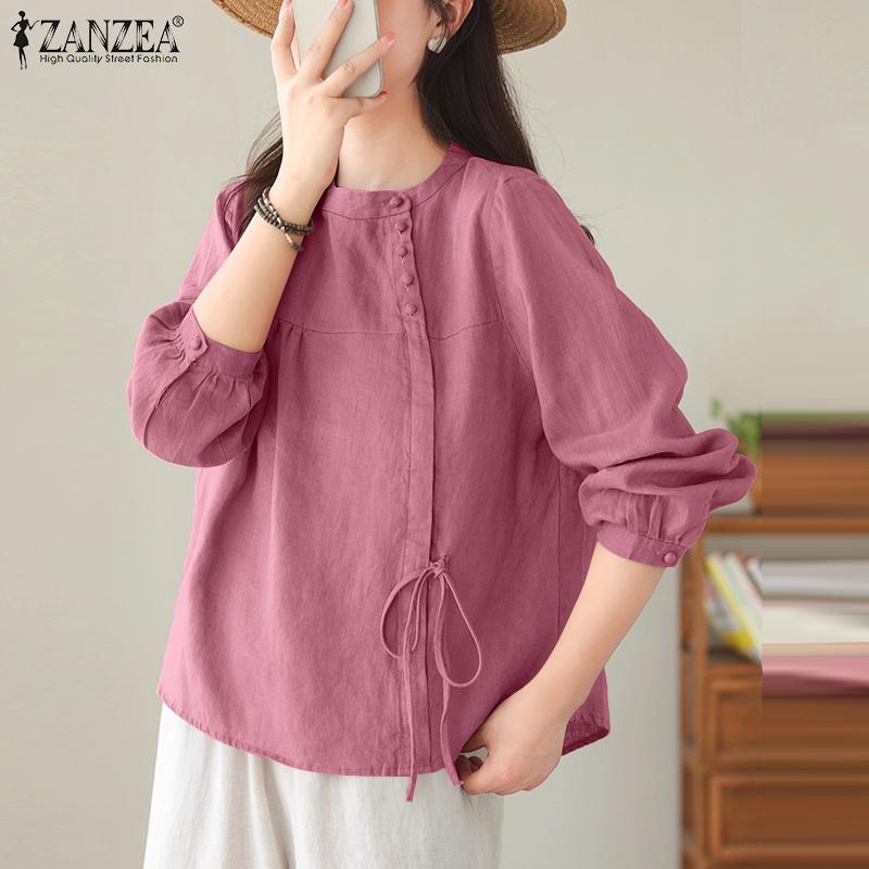 ZANZEA Women Casual Round Neck Solid Color Loose Long Sleeve Blouse
