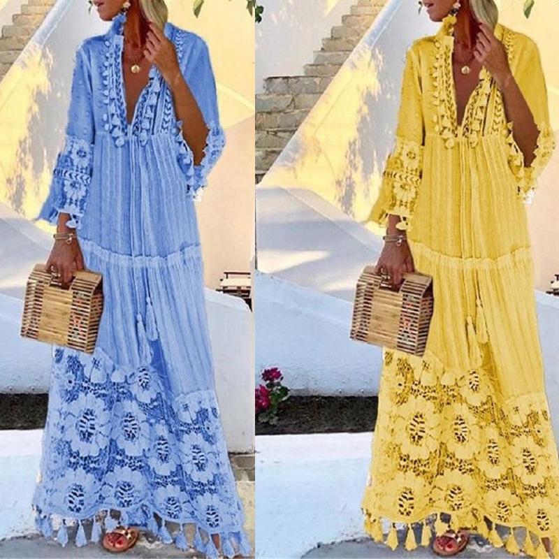 Rochie lungă boho cu dantelă și ciucuri, pentru primăvară/vară