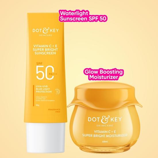 Dot & Key Witamina C Daily Glow Essentials Zestaw do pielęgnacji skóry (Krem przeciwsłoneczny z witaminą C SPF 50 PA+++ 50 g i nawilżacz z witaminą C 50 g) | Dla kobiet i mężczyzn