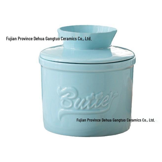 Ceramic Butter Dish with Embossed Logo - Blue Lid Set for Butter, Cheese, and Tallow Storage