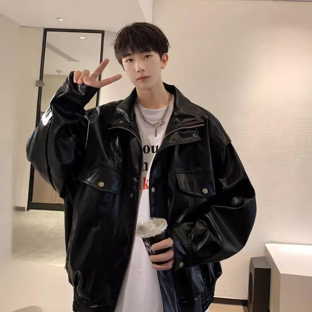 Multi-pocket Leather Jacket for Men In Autumn and Winter, Trendy Brand, Handsome, American Retro Motorcycle Flying Pu Leather Jacket, Hong Kong Style