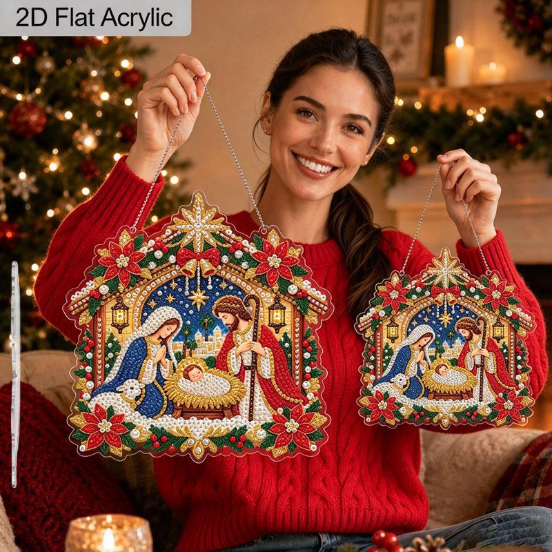 2D Flat Nativity Scene Pearl Diamond Painting Hanging Ornament, Mixed‑Sized Pearl Beads Craft Acrylic Hanging Kits, 9.72Inch/7.76Inch Two Sizes