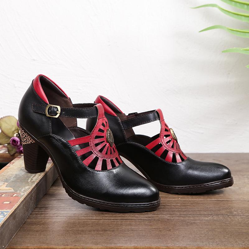 Johnature Genuine Leather Hollow Out Thick Heel Pointed High Heels Retro Pumps Hand Painted Shallow Women's Shoes