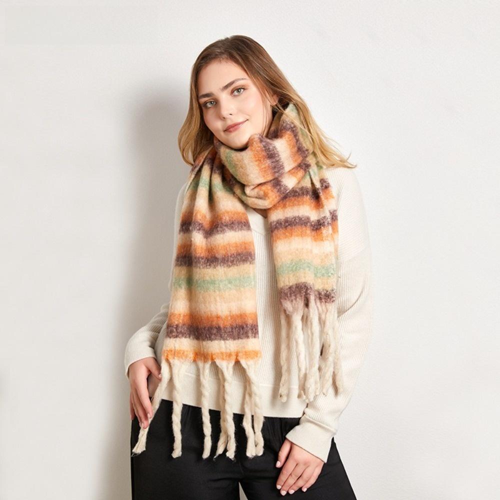 Rainbow Winter Cashmere Scarves Tassel Long Shawl Retro Stripe Wool Scarf Girl