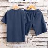 2 Pcs/Set Men T-shirt Shorts Set Solid Color Elastic Waist Loose V Neck Drawstring Homewear Deep Crotch Plus Size Casual Summer
