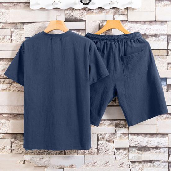 2 Pcs/Set Men T-shirt Shorts Set Solid Color Elastic Waist Loose V Neck Drawstring Homewear Deep Crotch Plus Size Casual Summer