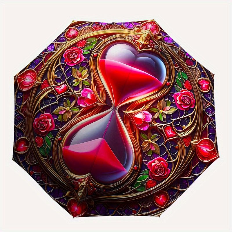 Love in Bloom: Heart-Shaped Hourglass Ornament Umbrella, Cute Umbrella with Cute Design, Portable 3-Fold Compact Umbrella for Men & Women, Valentine's