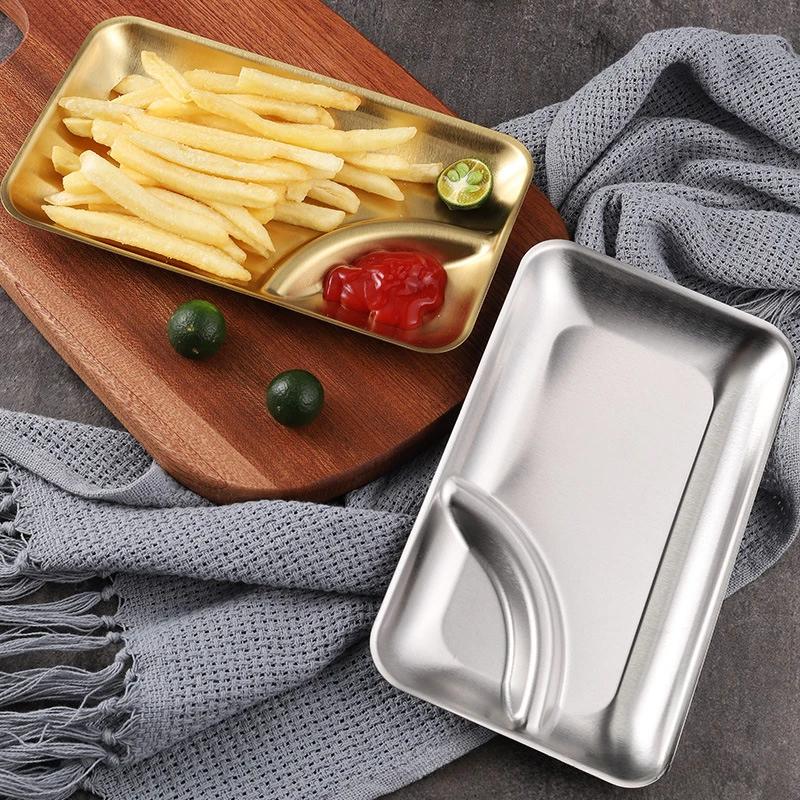 Stainless Steel Compartmentalized Snack Plate Gold Fried Chicken Sauce Dessert Bread Tray Silver with Vinegar Dish Rice Plates