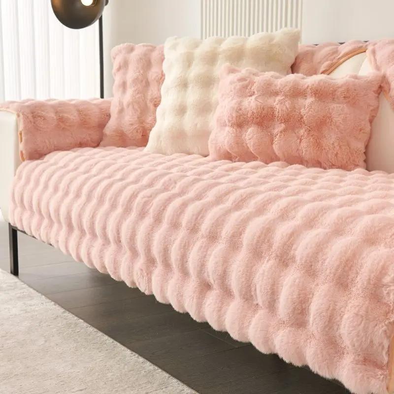 Winterwarmes, superweiches Sofahandtuch aus Kaninchenplüsch, verdickter Blasensamt, rutschfester Sofabezug, rutschfester L-förmiger Couchbezug