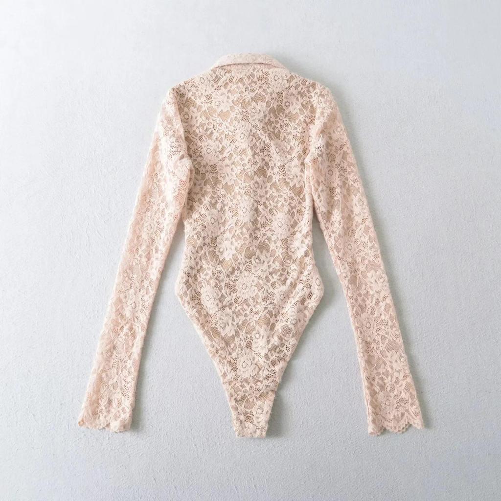 European Fashion Crochet Lace Lapel Bodysuit