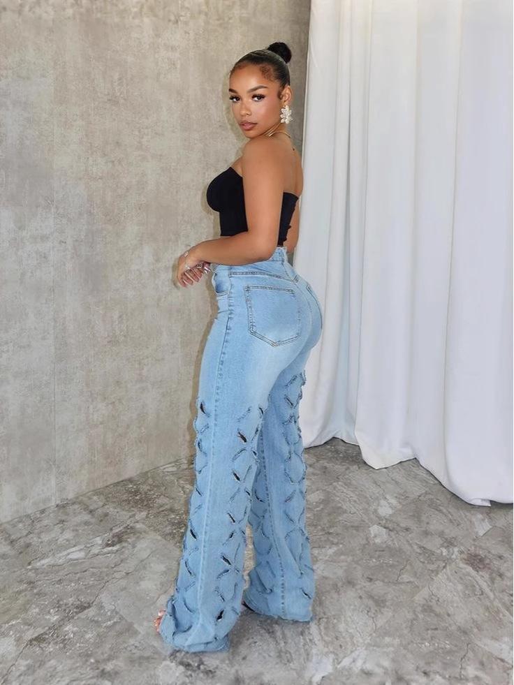 M-6202 European and American Spring/Summer Women's Fashionable Sexy Ripped Washed Denim Pants