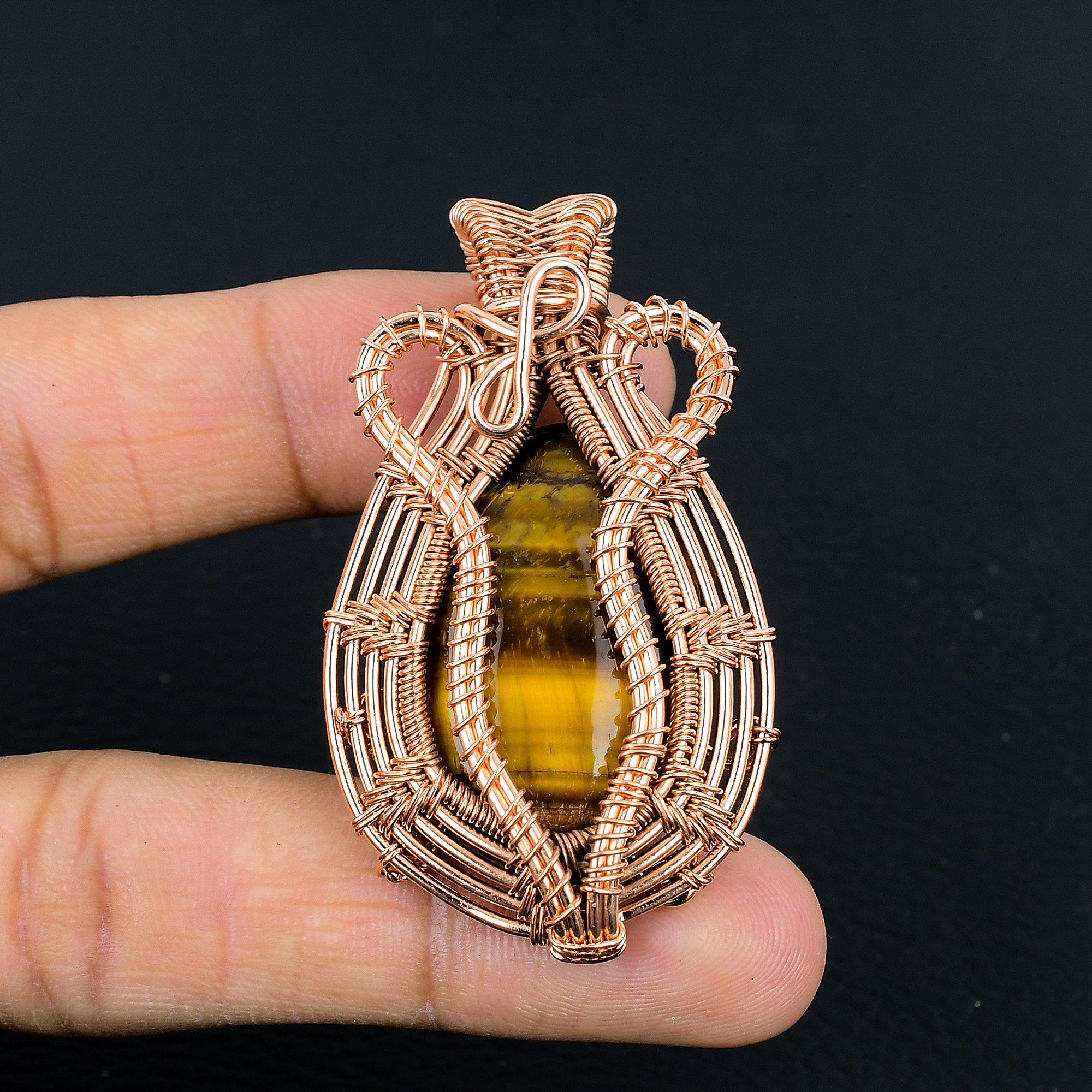 

Подвеска Тигровый глаз, Подвеска из драгоценного камня ручной работы, обернутая медной проволокой 999 пробы, Антикварное украшение, Для подарка, Серебряное украшение 2.55 Inches