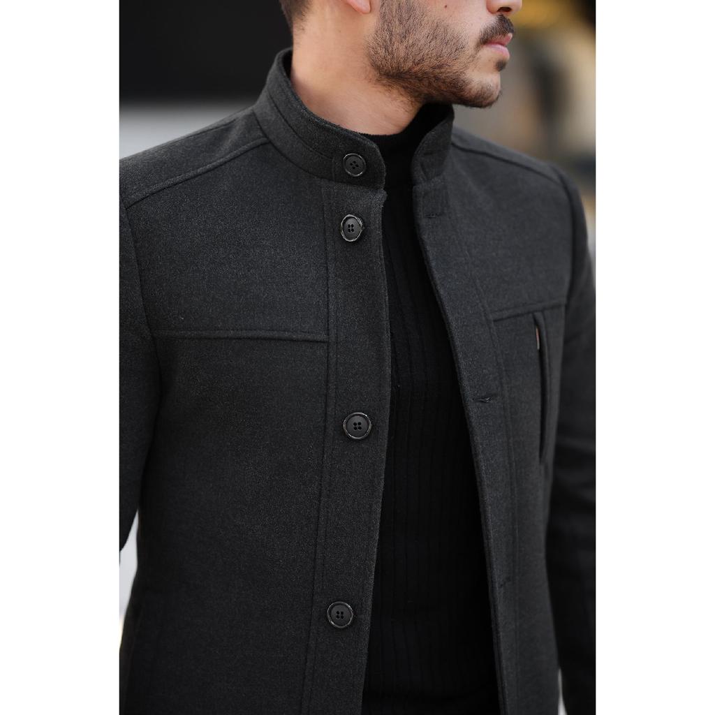 Men's Casual Cut Windproof Buttoned Long Black Cuff Coat
