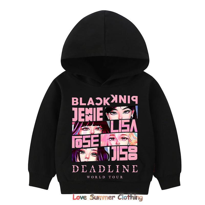 MINISO Kpop BP Jump 2025 Hoodie Pink Girls Band Clothing 4-14Yrs Adorable Anime Graphic Pullover Summer Comfortable Y2K Tops 160
