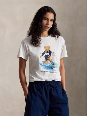 Women's 2026 Bear Print Cotton T-Shirt - Loose Fit, Round Neck, Short Sleeve