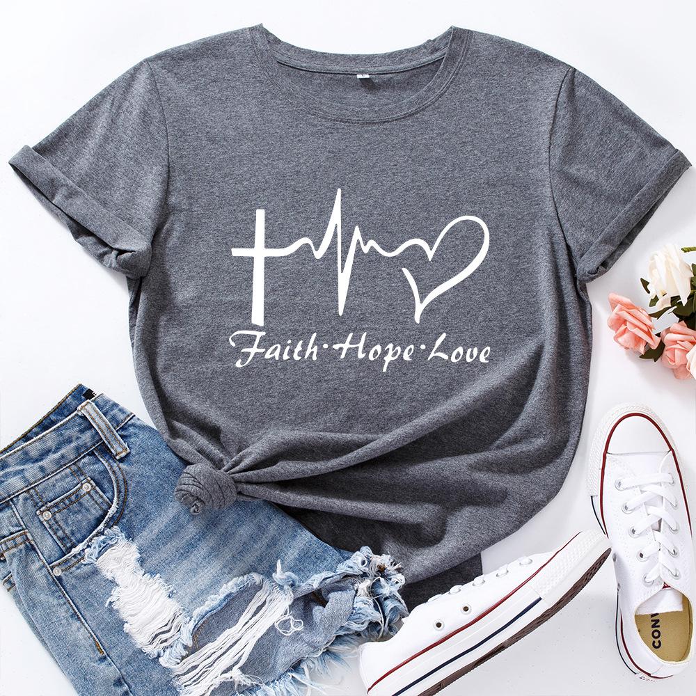 Faith Creative Alphabet Cotton T-Shirt Short Sleeve Round Neck Women 2d Print Tops