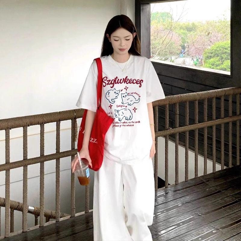 

Plus-Size Pure Cotton Extra-Large 300 Short-Sleeve T-Shirt for Women, Summer Versatile Casual Niche Design Trendy American-Style Top White L [Recommendation 47.5-60kg]