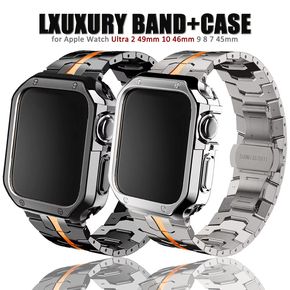 Nerezový řemínek+pouzdro pro Apple Watch Ultra 2 49mm Series 10 46mm Luxusní pánský řemínek pro IWatch 9 8 7 6 5 4 se 45mm 44 Correa