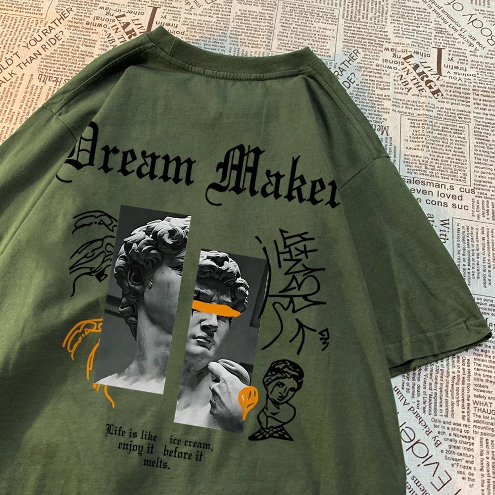 Dream Maker Brave Sculpture Pattern Clothing Men Vintage Cotton Streetwear Couple O-Neck T-Shirts Solid Color Summer Tops