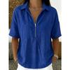 Womens Solid Color Turn Down Collar Half Zip Short Sleeve Casual Blouse
