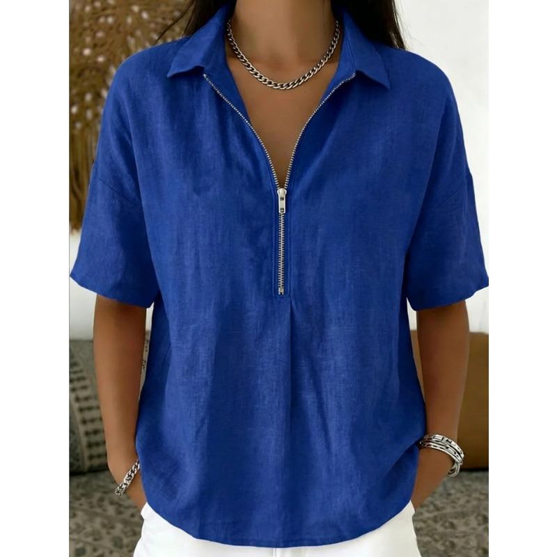 Womens Solid Color Turn Down Collar Half Zip Short Sleeve Casual Blouse