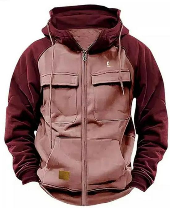Herren Kapuzen-Sweatshirt mit mehreren Taschen: Europäischer & Amerikanischer Stil, Patchwork-Design, Frühjahrs- & Herbstbekleidung.