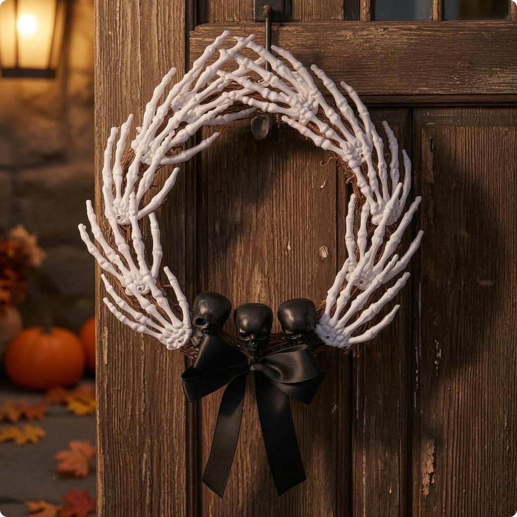 Skeleton Hand Wreath White Bones Halloween Black Ribbon Door Hanger