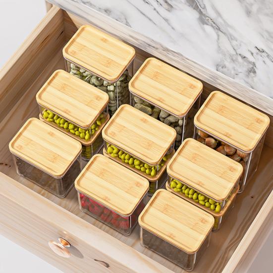 Sealed Grain Container Airtight Storage Container with Wooden Lid Transparent Food Canister for Dry Goods Snacks Tea Leaves Beans Kitchen Pantry