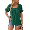 Spring Summer New Women's Chiffon Smocked Blouse, Square Neck Short Sleeve Top with Pom Poms, European American Style Casual Shirt for Women