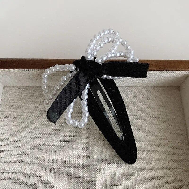 Retro Velvet Hair Clips For Women Vintage Imitation Pearl Bow Hairpins Side Clip Girls Black Barrettes Hair Accessories Headwear