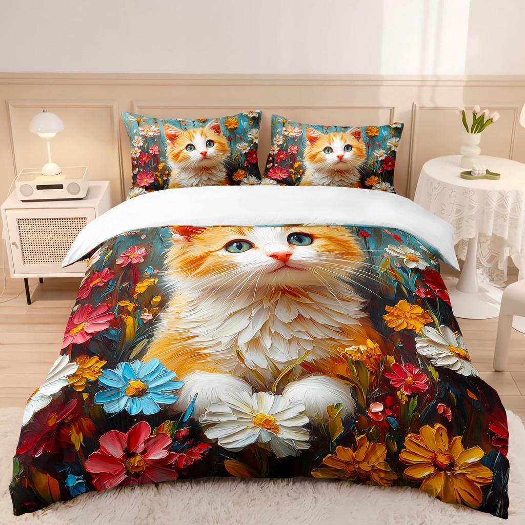 Cat and Flowers Duvet Cover Queen King Size Lightweight Quilt Cover with 2 Pillowcases Spring Animal Themed Bedding Set No Quilt