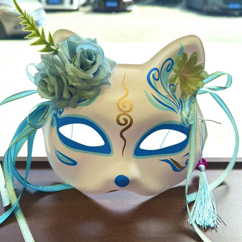 Anime Demon Fox Mask Hand-Painted Japanese Mask Half Face Flower Mask Masquerade Festival Ball Kabuki Kitsune Masks Cosplay Prop