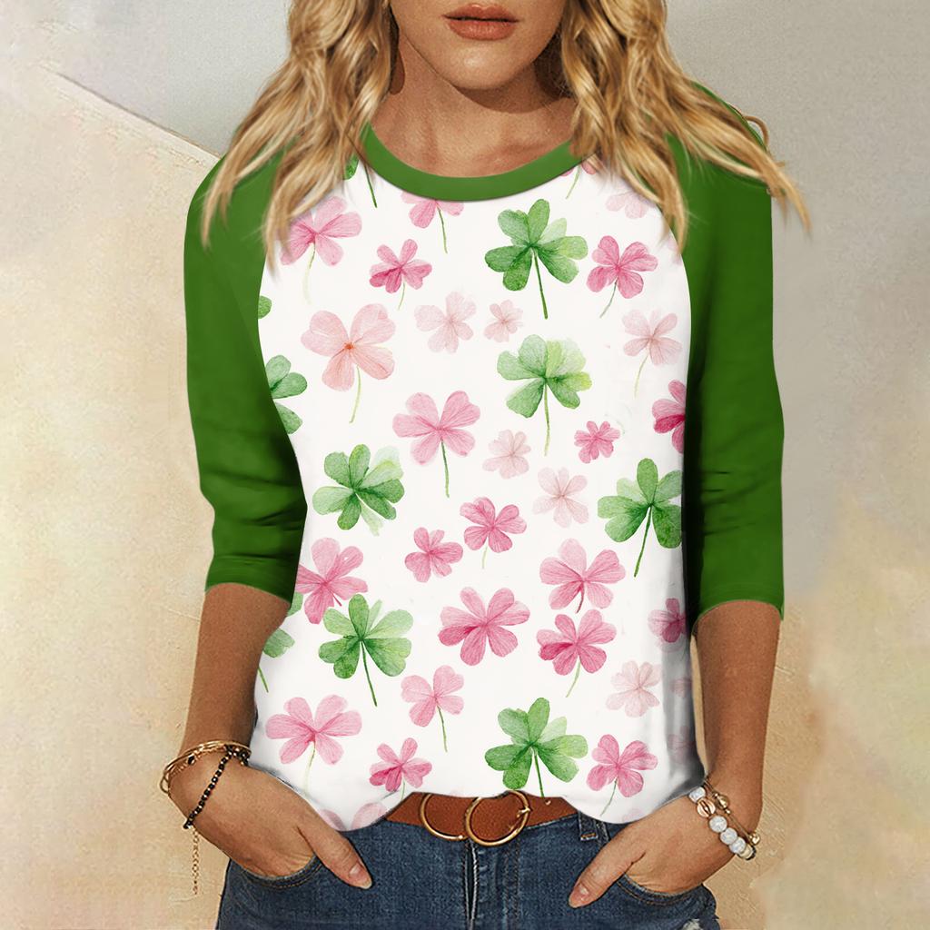 Women's St. Patrick's Day Print Round Neck Three-Quarter Sleeve Top