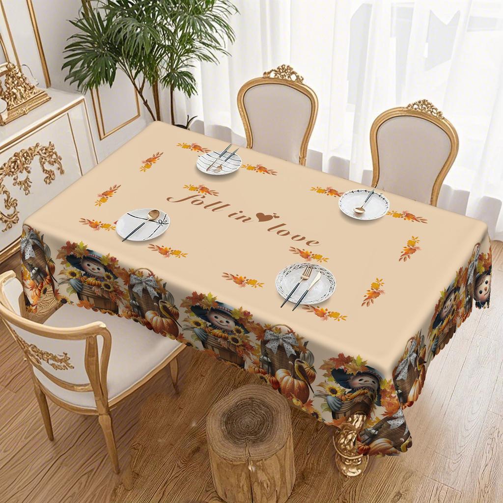 1 Piece, Charming Scarecrow With Autumn Harvest Tablecloth, Rustic Grid And Farmhouse Atmosphere, Pumpkin, Sunflower