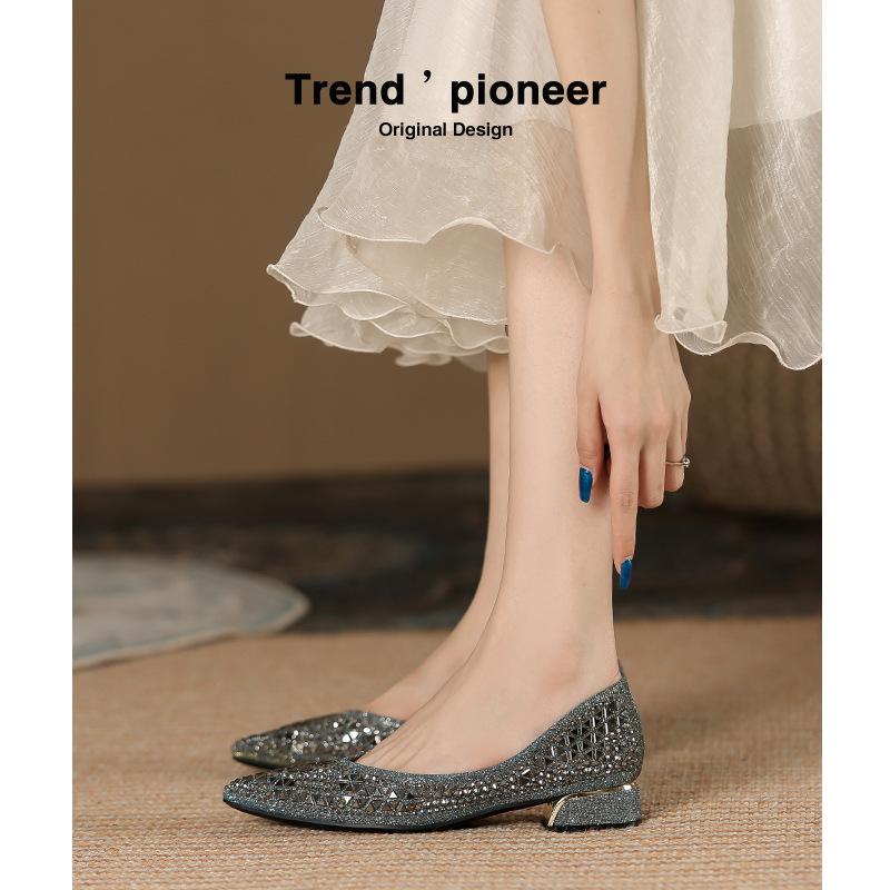 Coarse Heel Single Shoes Women's Summer 2025 New Shallow Mouth Rhinestone Temperament Versatile Soft Surface Comfortable Pointed Women's Shoes