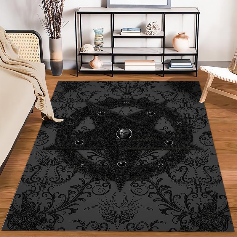 Black Carpet with Pentagram and Gothic Floral Design Pattern Suitable for use as an anti-slip for living room bedroom sofas
