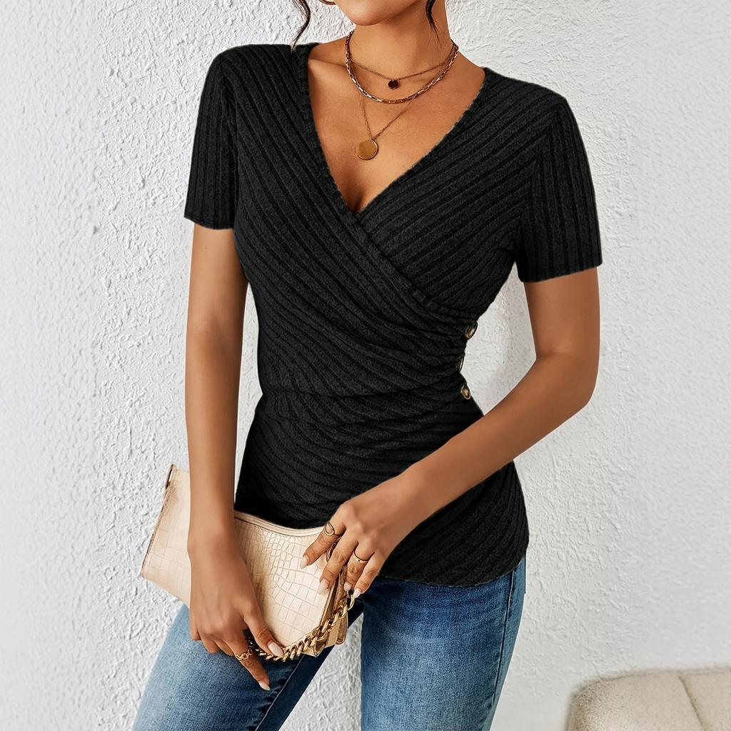 Women's Fashion Casual Color V-neck Casual Short-sleeved Top
