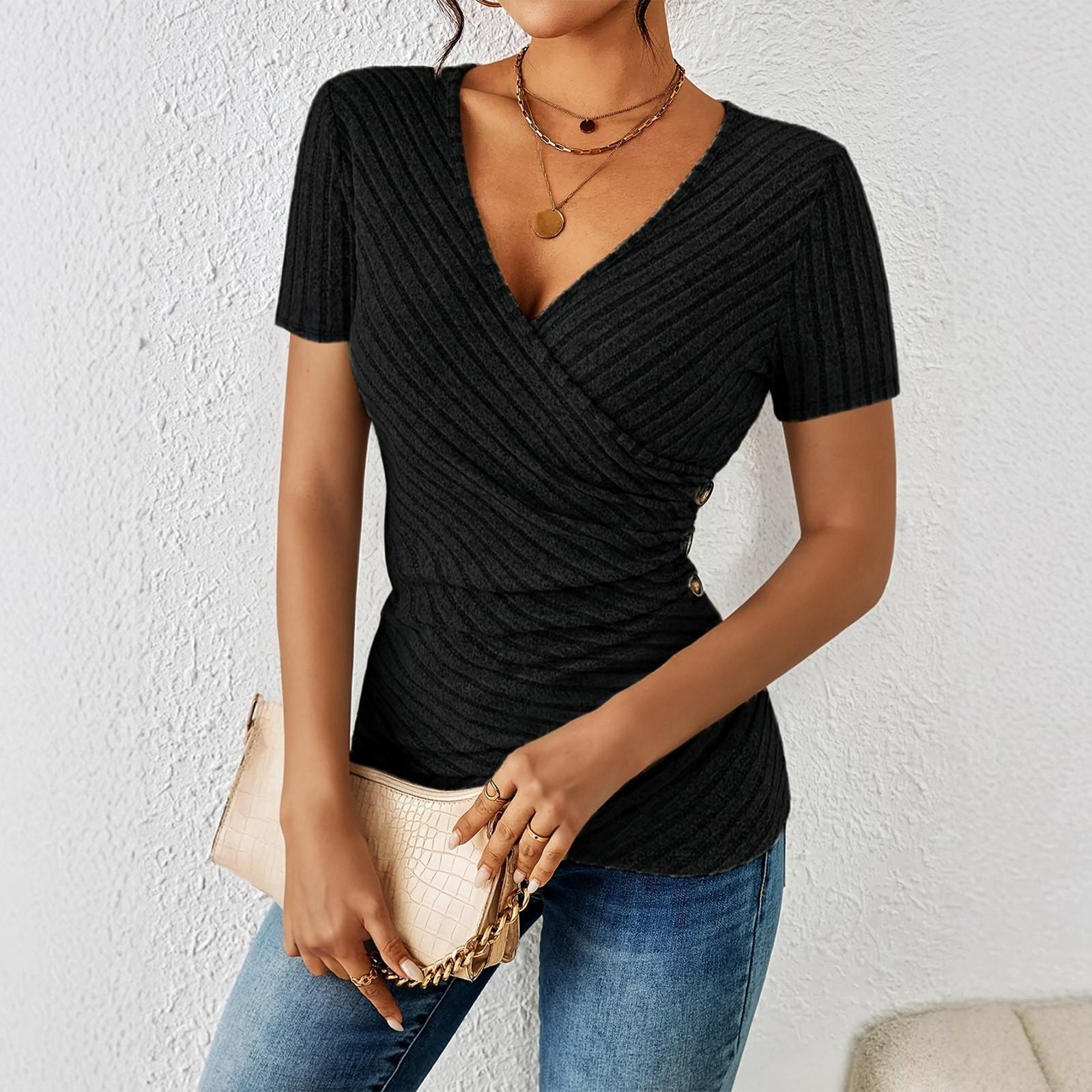 

Women’s Ribbed Knit Short Sleeve V Neck Wrap Top Fitted Waist Casual Pullover Blouse for Daily Wear Office M чёрный