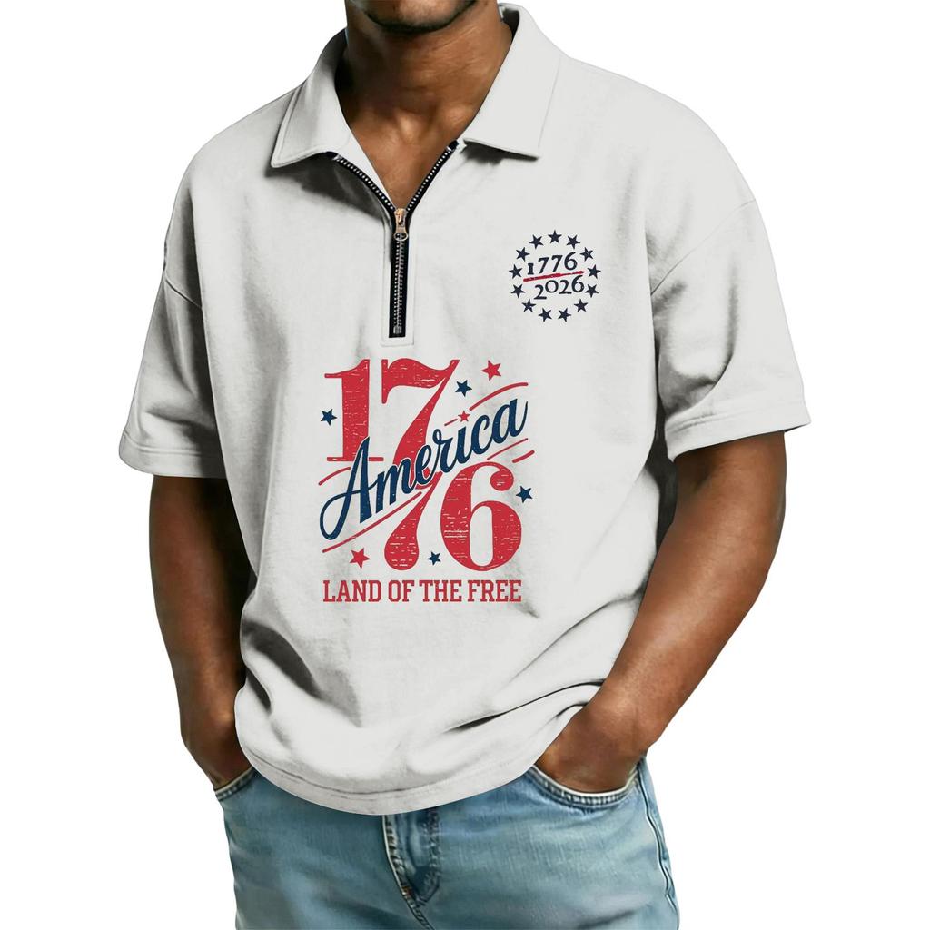 Men's Casual Loose Fit Polo Shirt Short Sleeve Zipper Front Independent Day Printed Design Comfortable Lightweight Top
