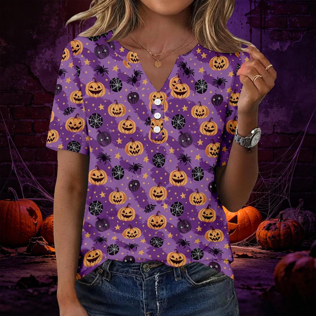 Women V Neck Short Sleeve T Shirt with Decorative Buttons Halloween Print Casual Loose Fit Top for Everyday Wear
