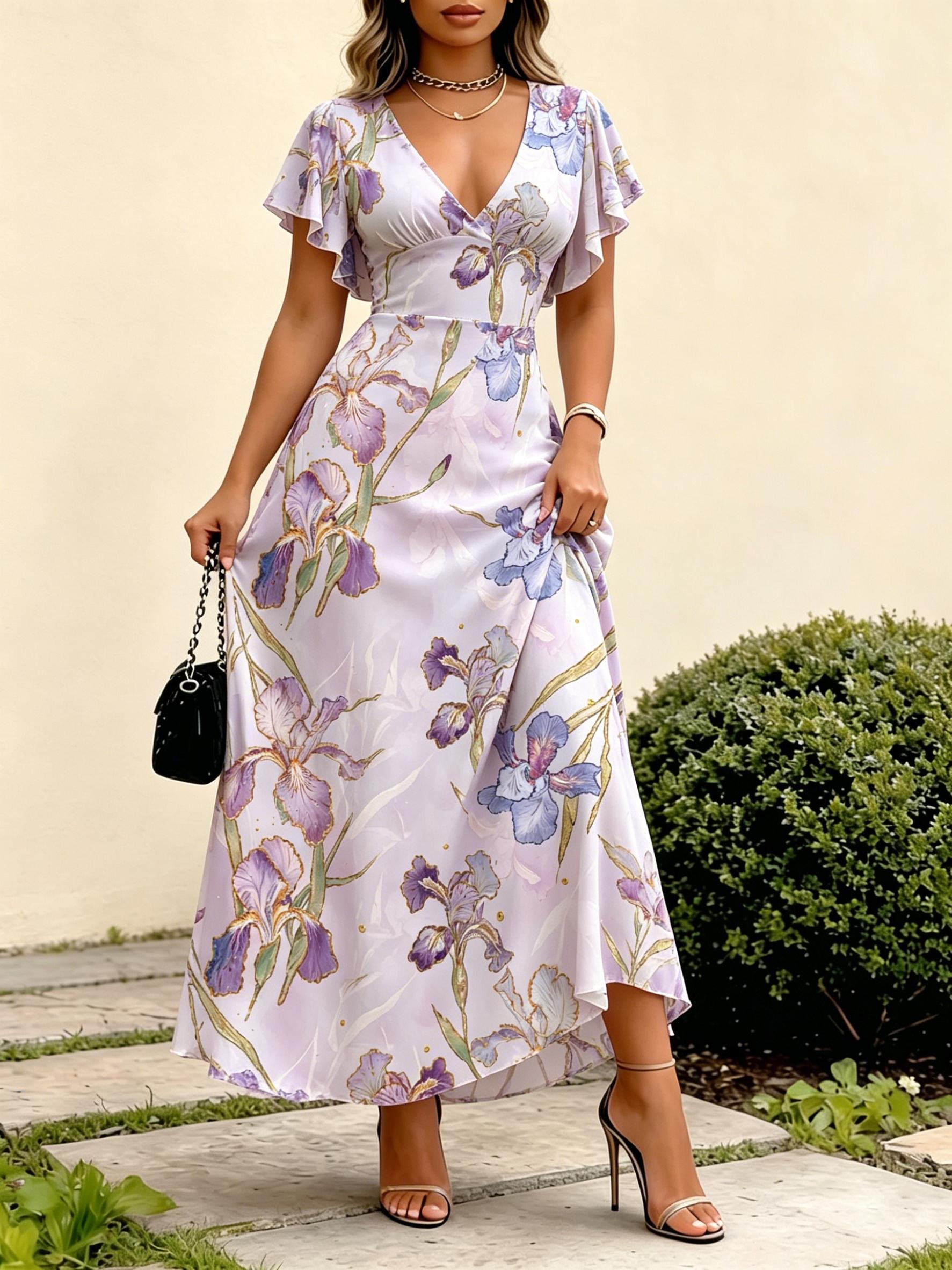 Women s Light Purple Iris Print V-Neck Flutter Sleeve Maxi Dress, High Waist Slim Fit Elegant A-line Workwear for Spring Summer XS